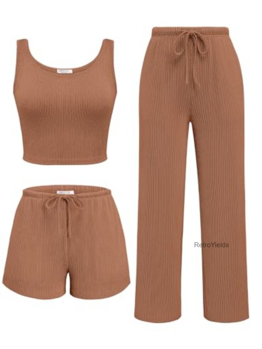Twisted Rib Knit 3 Piece Lounge Set Crop Tank Shorts Pants Pockets